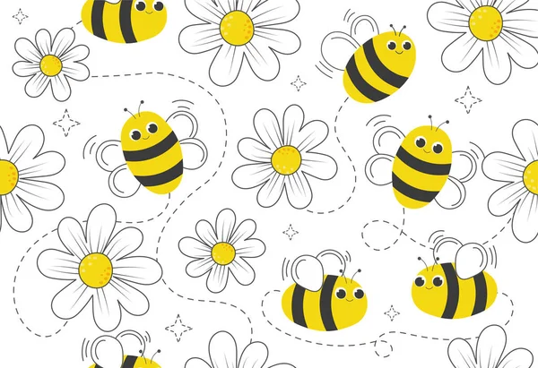Patrón colorido con abejas y flores — Vector de stock