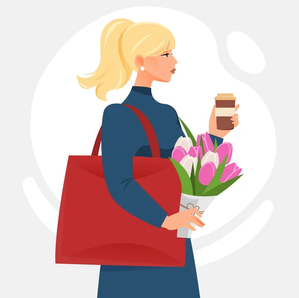 Dziewczyna z kawy i kwiatów abstrakcyjna koncepcja — Wektor stockowy