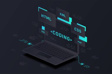 Programming and coding. Modern technologies, programming. Creation of pages for websites. Digital world and development of new programs and applications, laptop. Isometric vector illustration clipart svg vector 
