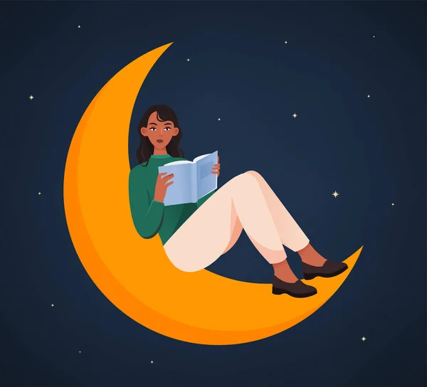 Kobieta czytająca na księżycu — Wektor stockowy