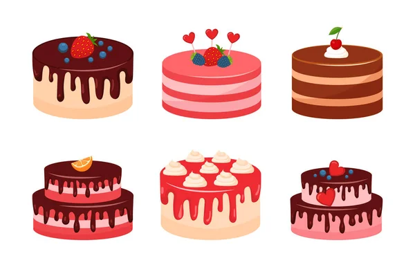 Set of delicious birthday cakes — Stock Vector