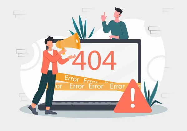 Ошибка 404 Концепции Доступа Интернет Молодой Человек Стоит Рядом Большим — стоковый вектор