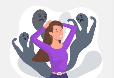 Şizofreni ya da psikolojik bozukluk kavramı. Etrafı hayaletlerle ve korkularla çevrili bir kadın kafasını tutuyor ve endişeleniyor. Çoklu kişilik bozukluğu, zihinsel dengesizlik. Çizgi film düz vektör çizimi