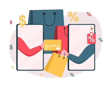 İnternetten alışveriş konsepti. Elinde ödeme kartı olan bir afiş ve akıllı telefon ekranından alınmış paketler. Sipariş ve teslimat için online mağaza. Çizgi film düz vektör çizimi