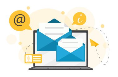 Posta gönderme konsepti. Ekranında açık zarflar olan dizüstü bilgisayarlı bir poster. Çevrimiçi iletişim, bildirim ya da mektup. Bilgi teknolojileri ve sosyal ağlar. Çizgi film düz vektör çizimi