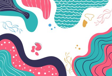 Soyut arka plan kavramı. Minimalist modeller ve organik şekiller. Mesaj atmak için uygun bir yer. Afiş ya da afiş. Su altı dünyasının yaprakları ve bitkileri. Çizgi film düz vektör çizimi