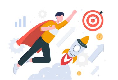 İş görevi konsepti. Süper kahraman pelerinli genç adam roketin yanında uçuyor. Başlangıç ve yenilik metaforu. İş geliştirme ve hevesli girişimci, kahraman. Çizgi film düz vektör çizimi