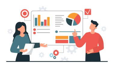 İş planı konsepti. Grafiklerin yanındaki adam ve kız. İstatistiklerin değerlendirilmesi ve bilgiyle çalışma. Çalışanlar ve meslektaşlar şirketin gelişimini değerlendiriyor. Çizgi film düz vektör çizimi