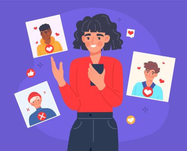 Sohbet kavramı. Elinde akıllı telefon olan bir kız. Modern teknolojiler ve dijital dünya. Randevu başvurusu, mesafe görüşmesi, romantizm ve aşık olma. Çizgi film düz vektör çizimi