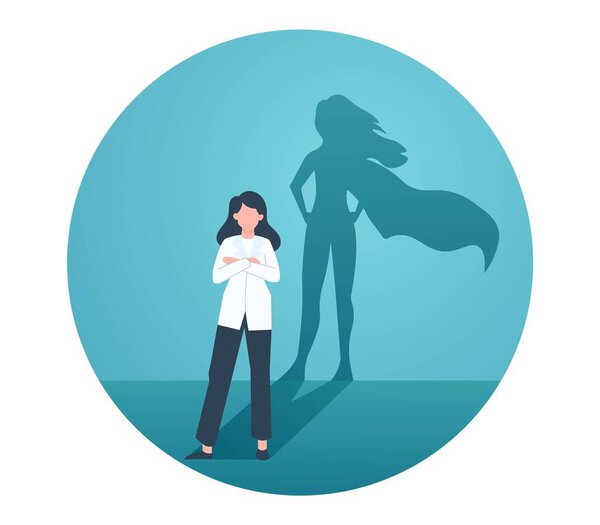 Doctor hero concept. Shadow of girl in raincoat against background of doctor in medical gown. Diagnosis and selection of optimal treatment method. Inner strength. Cartoon flat vector illustration