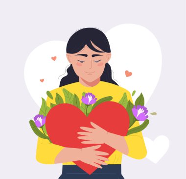 Kendin için sev. Genç kız kalbe ve çiçeklere sarılır. Pozitif psikoloji ve iyimserlik, akıl sağlığı ve kendini beğenme. Ego güveni ve vücut kabul metaforu. Çizgi film düz vektör çizimi