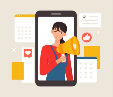 Hoparlörle etkili. Akıllı telefon ekranındaki genç kız. Modern teknolojiler ve dijital dünya, cihazlar ve cihazlar. İnternette pazarlama ve promosyon. Çizgi film düz vektör çizimi