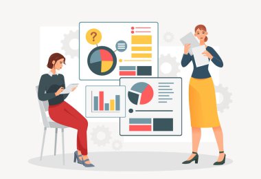 Veri toplama kavramı. İstatistikler ve diyagramlar. Raporları olan genç kızlar, istatistik ve bilgilerle çalışıyorlar. Ofisteki karakterler, çalışanlar ve meslektaşlar. Çizgi film düz vektör çizimi