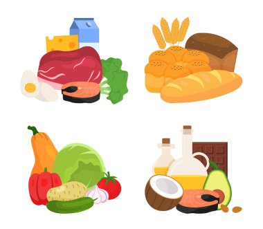 Yemek takımı. Site için elementlerin toplanması, doğal ve taze ürünler. Sebze, meyve ve un ürünleri. Diyet ve beslenme, karbonhidratlar, proteinler ve yağlar. Çizgi film düz vektör çizimi