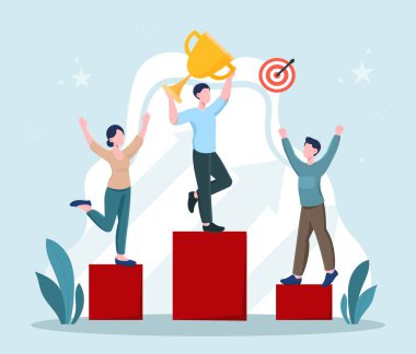 İnsanlar podyumda. Çalışanlar başarılara sevinir, altın kupalı adam. Takım çalışması ve ödüllü kazananlar, liderlik ve motivasyon. Birinci, ikinci ve üçüncü. Çizgi film düz vektör çizimi