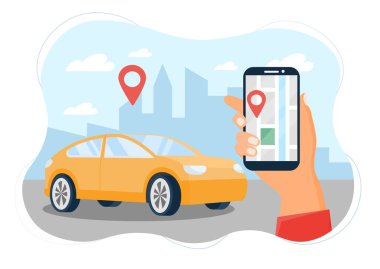 Modern taksi servisi. Nakil emri verildi. Modern teknoloji ve hizmetler, karakter kontrolü güzergahı. Akıllı telefon, sarı araba, mobil ekran harita. Çizgi film düz vektör çizimi