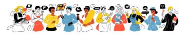 Farklı mesleklerden zeki kadınlar. Kadın karakterler öğretmenler, fitness eğitmenleri, hostesler, çiçekçiler, doktorlar ve aşçılar. Çizgi film düz vektör koleksiyonu beyaz arkaplanda izole edildi