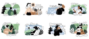 Tatillerde doğada dinlenen bir grup insan. Erkekler ve kadınlar parkta kitap okuyor, çiçekleri kokluyor, manzarayı seyrediyor ya da köpekle yürüyor. Çizgi film düz vektör koleksiyonu beyaz arkaplanda izole edildi