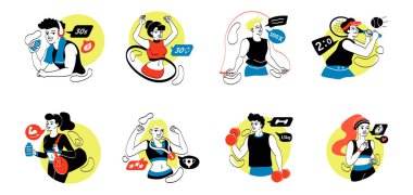 Bir grup spor karakteri. Erkekler ve kadınlar koşar, tenis oynar ve halat ve dambıllarla fiziksel egzersiz yaparlar. Etkili eğitim. Sağlıklı bir yaşam tarzı. Beyaz arkaplanda çizgi film düz vektör koleksiyonu