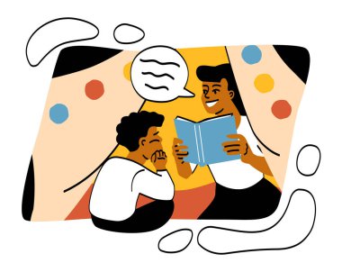 Çocuk konseptiyle mutlu bir aile. Genç anne kitabı tutuyor ve yatmadan önce oğluna ilginç bir masal okuyor. Çocuğa ilgi ve sevgi. Çizgi film düz vektör illüstrasyonuName