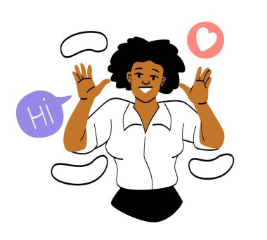 Mutluluk Duyguları ve Vücut Dili soyut kavramı. Genç kadın ellerini sallıyor ve yeni arkadaşlarına merhaba diyor. Olumlu jestler ya da selamlamalar. Çizgi film düz vektör illüstrasyonuName