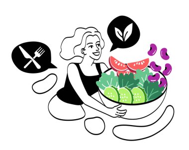 Vejetaryen ya da vejetaryen diyet kavramı. Gülümseyen kadın elinde taze sebzelerle büyük bir tabak tutuyor. Kadın karakter salatalık, domates, fasulye ve marul yer. Çizgi film düz vektör çizimi
