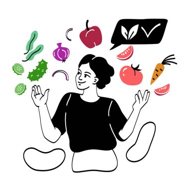 Vejetaryen ya da vejetaryen diyet kavramı. Kadınlar lezzetli ve sağlıklı sebze ve meyve yerler. Havuçlu, salatalıklı, domatesli ve elmalı diyet. Etin reddi. Çizgi film düz vektör çizimi