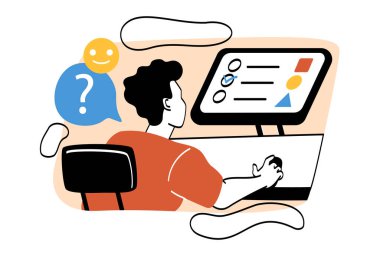 Eğitim süreci sürüyor. Genç adam monitörde oturuyor, modern teknoloji ve internet eğitimi. Karakter sınavı geçer, sınavı geçer, bilgi değerlendirmesini geçer. Çizgi film düz vektör çizimi