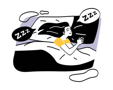 İnsanlar battaniyenin altında yatıyor. Kız uyuyor, yastığa sarılıyor, iyileşiyor ve işten sonra dinleniyor. Rahat ve rahat bir yatak. Mutlu karakter gülümsemesi, güzel rüyalar. Çizgi film düz vektör çizimi