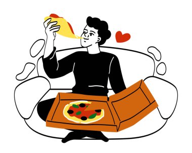 Yemek yiyen insanlar. Genç adam evde pizza yiyor. Çocuk ağzına silah dayıyor. Colmfort ve kolaylık. Adam geleneksel İtalyan mutfağını ve sağlıksız yemekleri seviyor. Çizgi film düz vektör çizimi