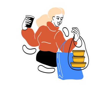 Alışveriş yapan insanlar. Paketleri ve fincanı olan bir kız kahve, çay ya da marketten. Karakter bir sürü kıyafet aldı. Moda ve tarz. Modayı takip eden, tapılası bir kadın. Çizgi film düz vektör çizimi