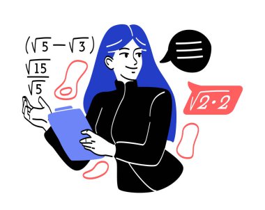 İşte öğretmenim. Kız denklemleri çözer. Kesirler ve kökler, cebir ve karmaşık problemler. Tebeşir ve kitap ile karakter, test ya da sınav. Üniversitede ders veriyorum. Çizgi film düz vektör çizimi