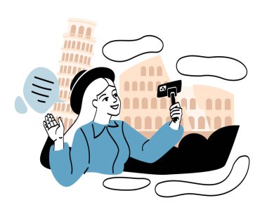 Gezgin insanlar konsepti. İtalya 'da selfie çubuğu olan bir kız. Başka bir ülkeden gelen şehir binalarının arka planına karşı bir karakter. Tatilde bir turist, macera. Çizgi film düz vektör çizimi