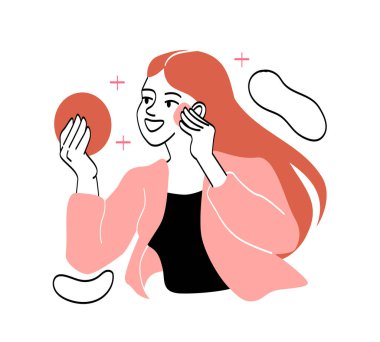 Temizleyici ve nemlendirici yüz. Makyaj süngeri yardımıyla yüzünü örten bir kız. Kadın gidiyor, karakter aynanın önünde, güzellik. Web sitesi afişi ya da afişi. Çizgi film düz vektör çizimi