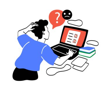 Çevrimiçi testi geçenler. Genç adam monitörün önünde duruyor. Binaların değerlendirilmesi için görevler. Modern teknolojiler ve mesafe incelemesi, soru. Çizgi film düz vektör çizimi