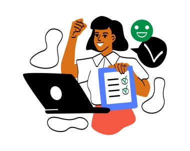 Çevrimiçi testi geçenler. Elinde belgelerle duran bir kız. Karakter sınavı başarıyla geçtiği için seviniyor. Mesafe öğrenme ve kurslar. Sertifika ya da diploma. Çizgi film düz vektör çizimi