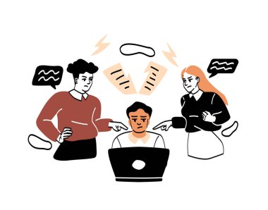 Başarısız ya da başarılı takım konsepti. Meslektaşlarına ihanet ya da ofiste kötü ilişkiler. Meslektaşlar dizüstü bilgisayarda çalışan adamı işaret ediyor ve onu anlaşmayı bozmakla suçluyor. Çizgi film düz vektör çizimi