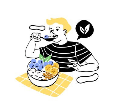 Çocuk kahvaltı yapıyor ya da öğle yemeği yiyor. Çocuk masada oturmuş, böğürtlenli ve fındıklı lezzetli yulaf lapası yiyor. Vejetaryenlik ya da sağlıklı beslenme. Çizgi film düz vektör çizimi