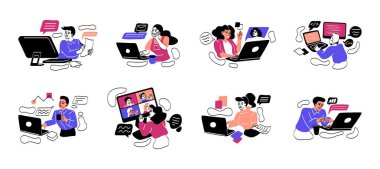 Uzaktan çalışan serbest çalışan bir grup insan. Erkekler ve kadınlar bilgisayar ve dizüstü bilgisayarlarla çalışır. Merkez ofis ya da esnek program. Çevrimiçi konferans. Çizgi film düz vektör koleksiyonu beyaz arkaplanda izole edildi