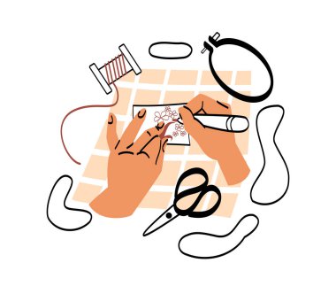 İğne nakışı soyut bir kavram. Kadın elleri dekupaj ya da duvar halısı için kağıda güzel çiçek desenleri çizer. El yapımı dekor ya da hobi. Çizgi film düz vektör çizimi