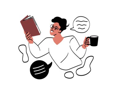 Kitapların soyut konseptiyle edebiyat hayranıyım. Elinde kahve bardakları olan ve ilginç romanlar okuyan genç bir adam. Hobi mi eğlence mi? Çizgi film düz vektör çizimi