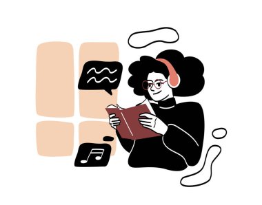 Kitap konsepti olan edebiyat hayranı. Gözlük takan ve kulaklık takan kadın müzik dinliyor ve ilginç dedektiflik kitapları okuyor. Hobi ya da rahatlama. Çizgi film düz vektör çizimi