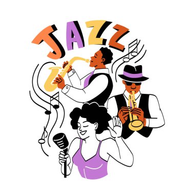 Müzik grubu konseptinin portresi. Saksafonu, trompeti ve şarkıcısı olan müzisyenler caz icra ediyor. Müzik aletleri olan erkekler ve kadınlar melodi yaratır. Çizgi film düz vektör çizimi
