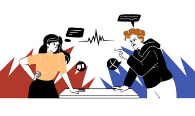 Rakip konsepti arasındaki anlaşmazlık. Farklı görüşleri olan kadın ve erkek tartışır ve sosyal konumlarını kanıtlarlar. Karakterler arasında çatışma. Çizgi film düz vektör çizimi