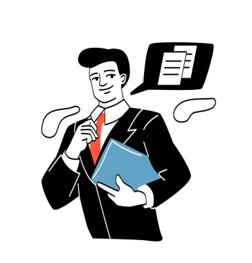 İnsanlar farklı meslekler. Elinde dosya olan takım elbiseli bir adam. Yetenekli iş adamı ya da girişimci. Yatırımcı sözleşmeyi tamamladı, başarılı müzakereler. Çizgi film düz vektör çizimi