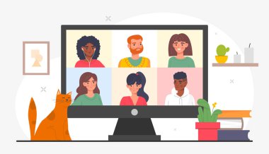 Video konferans konsepti. Ortakların ya da çalışanların online toplantısı. Bilgisayar ekranı ve iletişim kuran meslektaşları olan renkli bir poster. Evden uzak bir iş. Çizgi film modern düz vektör çizimi