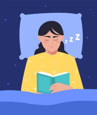 Kitap terapisi konsepti. Genç kadın rahat bir yatakta uzanıyor, edebiyat okuyor ve uykuya dalıyor. Rahatlamak ve geceleri dinlenmek. Akıl sağlığı ya da uyku. Hobiler ya da hayaller. Çizgi film düz vektör çizimi