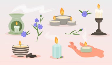 Kokulu mumlar hazır. Aroma terapisi ve romantik randevular için elementlerin toplanması. Sevgi ve ilgi, konfor ve konfor dairede. Bej arkaplanda izole edilmiş çizgi film düz vektör çizimleri