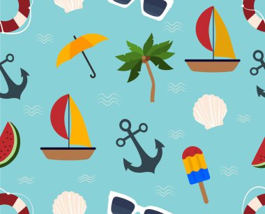 Kusursuz yaz şablonu. Dondurma, palmiye ağaçları ve çapalar. Dinlenme ve tatil. Paket kağıdına resim yazdırmak için tekrarlanıyor. Tebrik kartı ve davetiye tasarımı. Çizgi film düz vektör çizimi