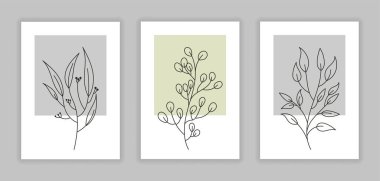 Botanik bitki seti. Web sitesi için afiş ve afiş koleksiyonu, bitkilerle süslü şık örtüler. Sonbahar, bohem tarzında sonbahar mevsimi. Gri arkaplanda izole edilmiş çizgi film düz vektör çizimleri